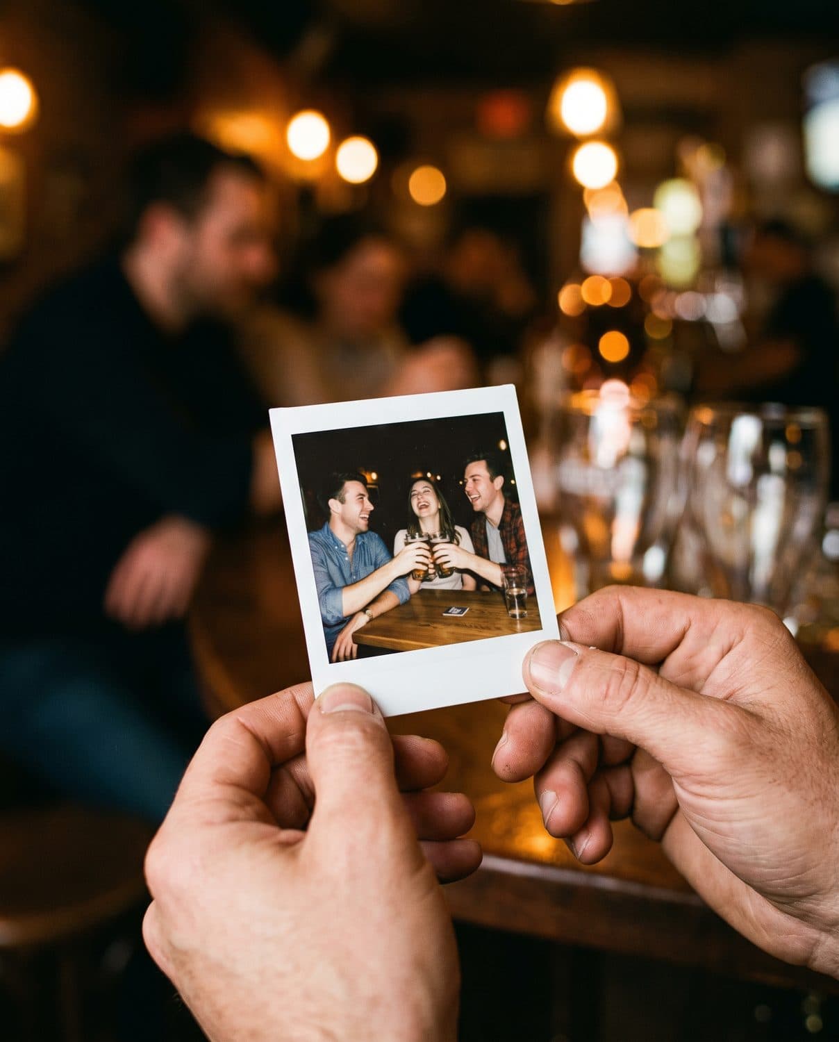 Hænder holder et frisk Instax-foto af tre venner på en bar