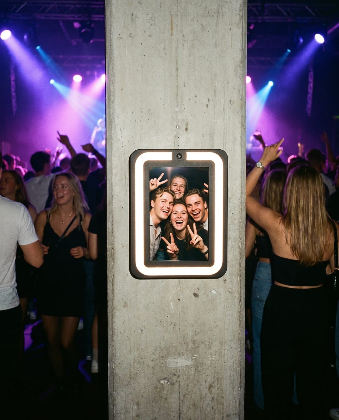 Selfi Boks på en betonsøjle i en natklub med venner på skærmen og dansegulvet bagved
