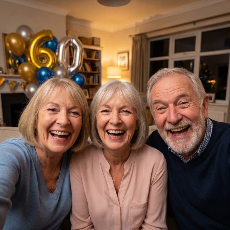 Tre gæster til en 60-års fødselsdag smiler på et foto fra Selfi Boks