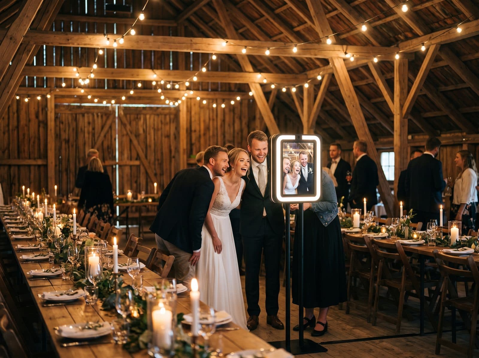 Selfi Boks fotoboks på stander til et bryllup i en lade