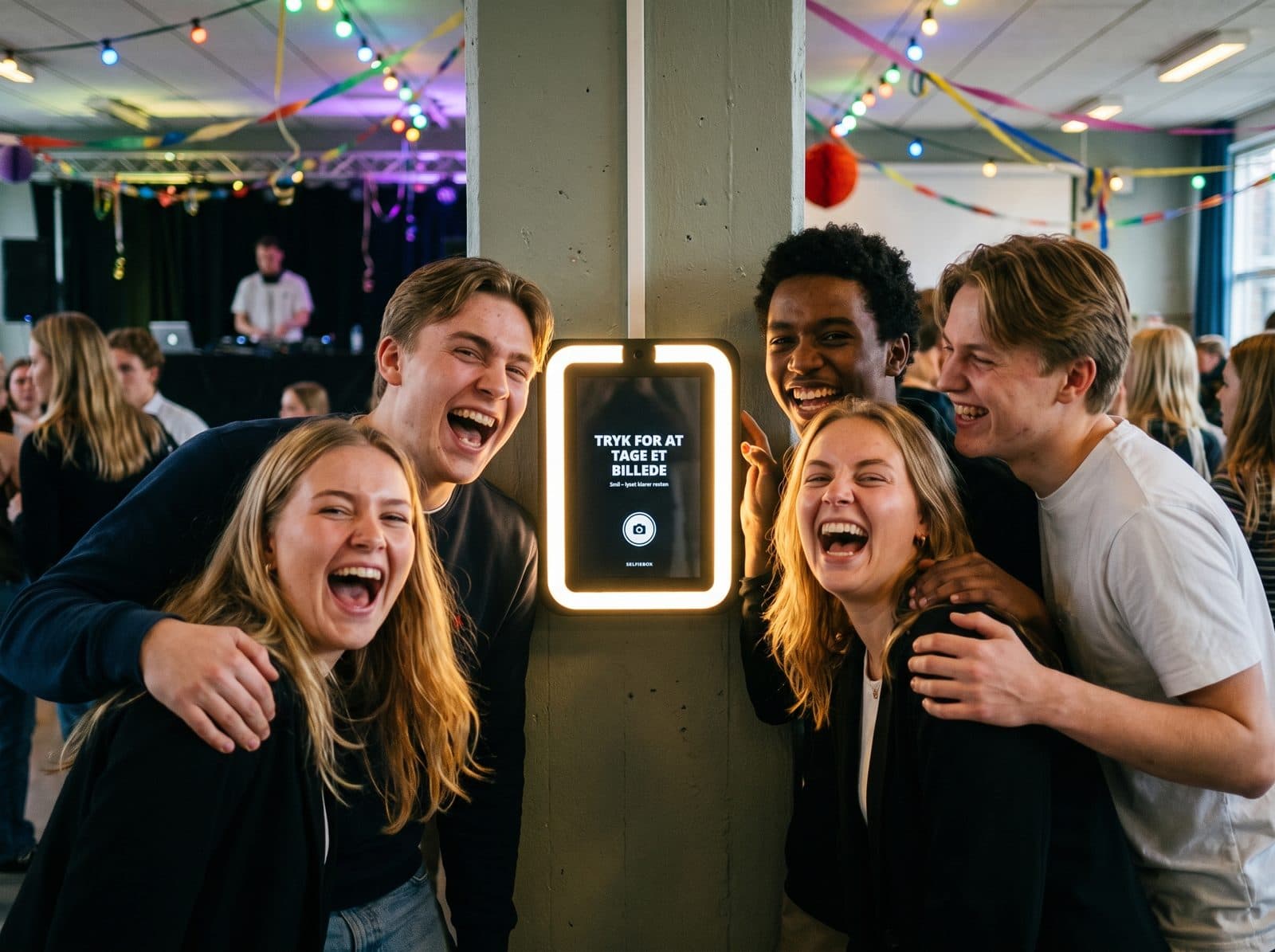 Unge til en fest griner foran Selfi Boks på en søjle