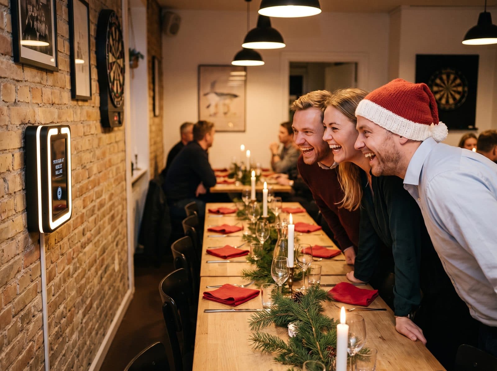 Kolleger til julefrokost foran Selfi Boks fotoboks